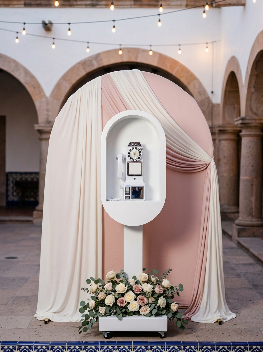The white phone booth, set up against a draped arch with roses at its base