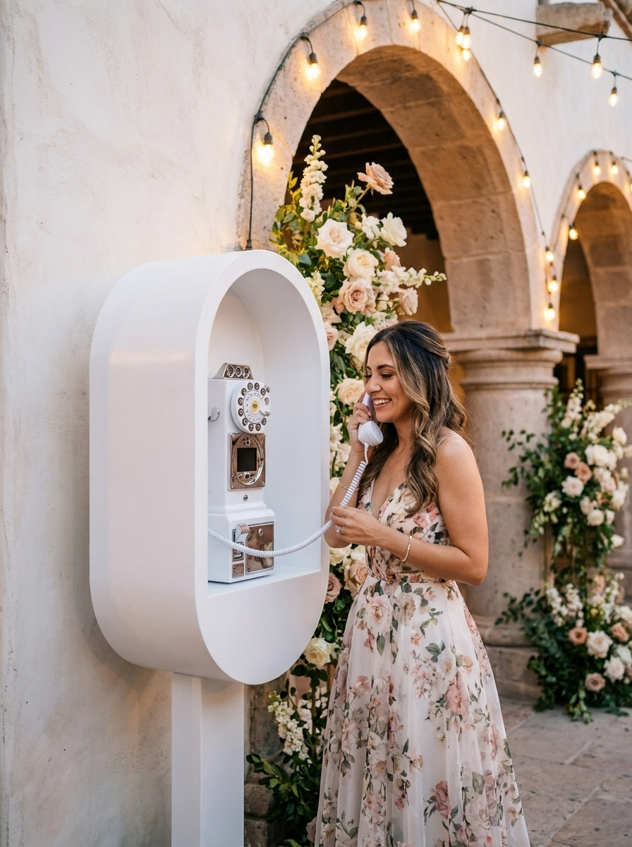 A guest lifting the handset of the white phone booth to leave a message