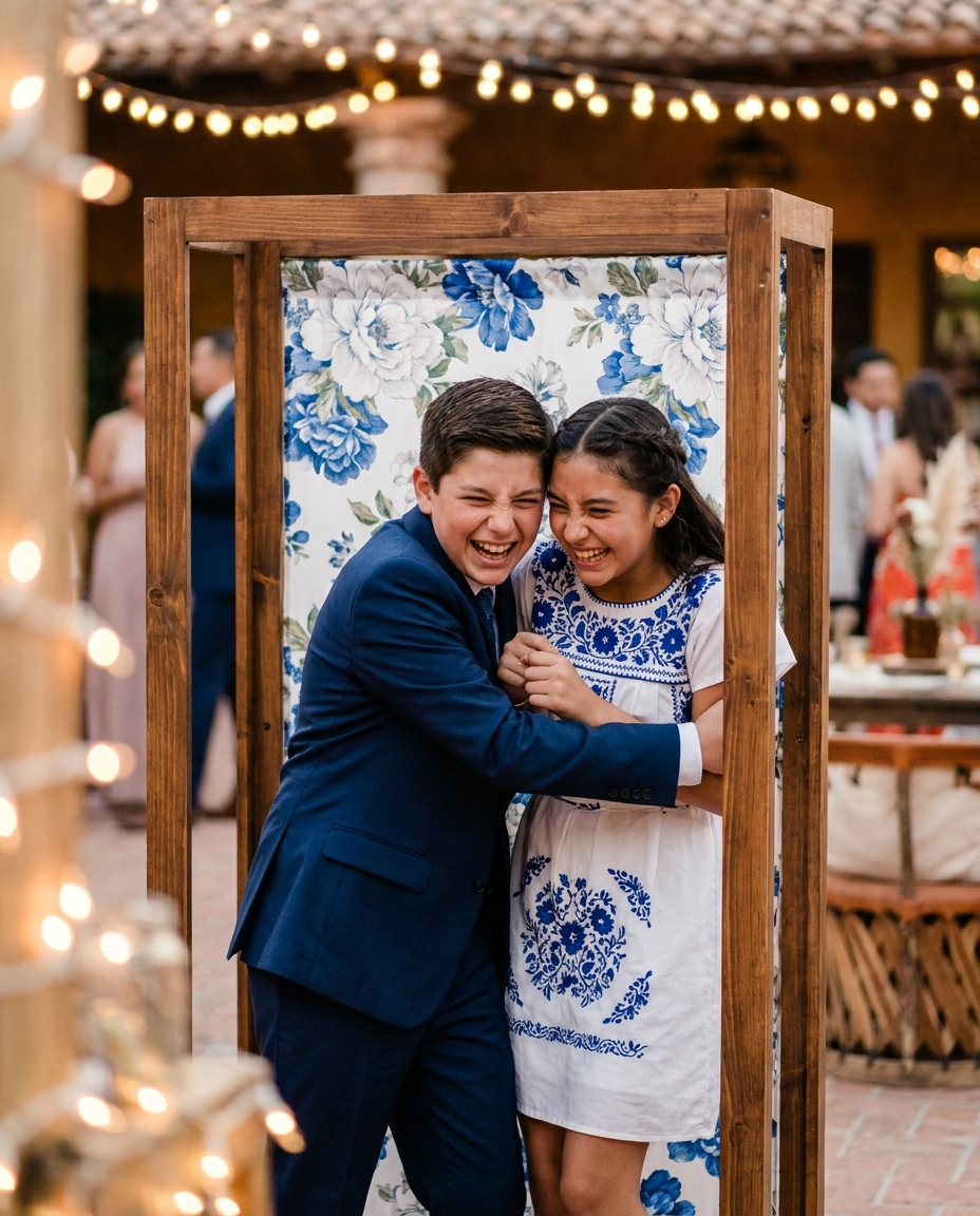 Two cousins laughing together in the photo booth