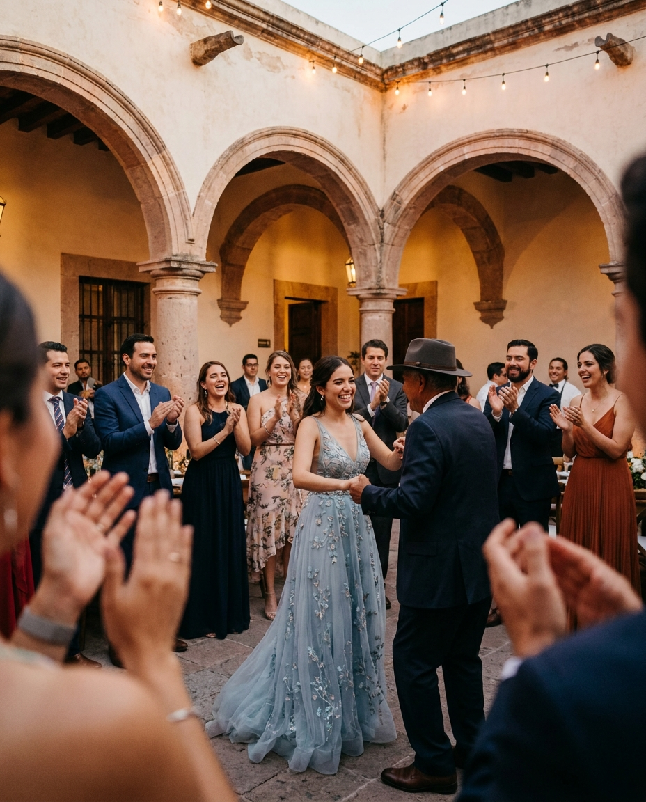 A quinceanera dancing with her father as guests clap