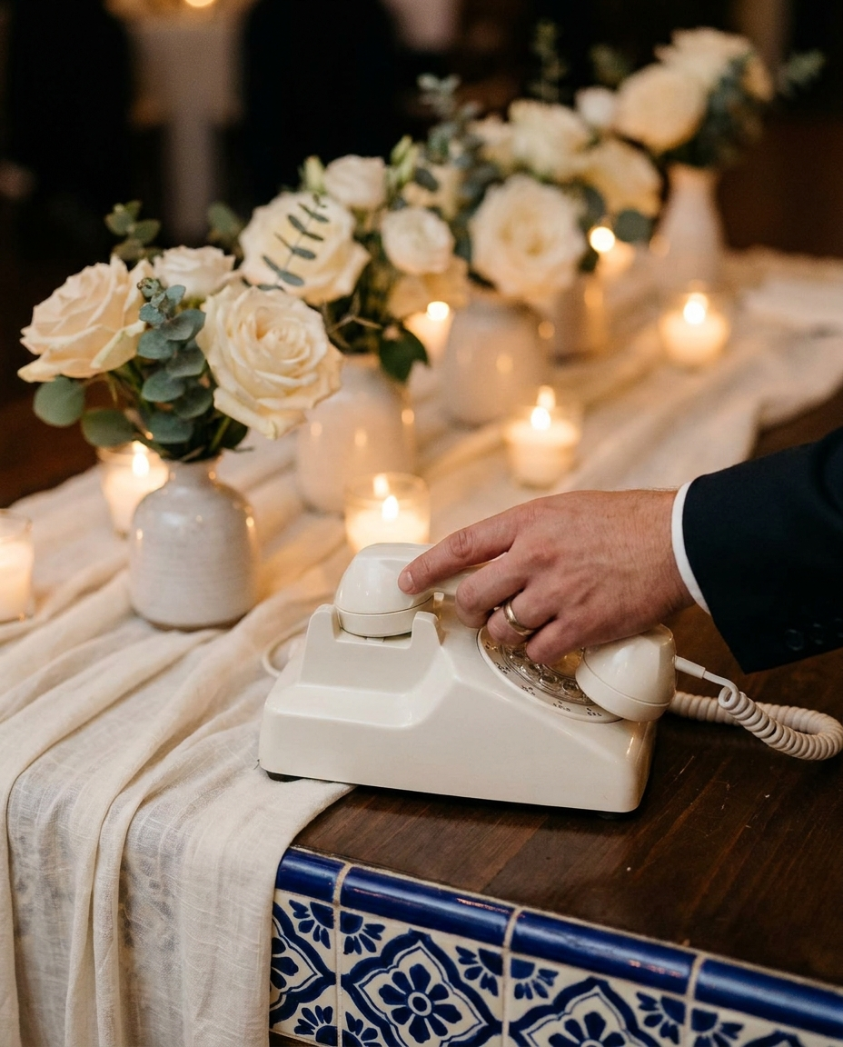 A hand setting the white handset back on its cradle by candlelight