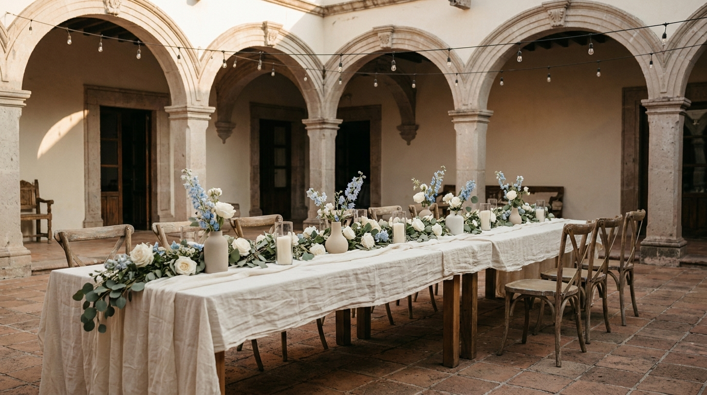 A hacienda courtyard set for a reception before guests arrive