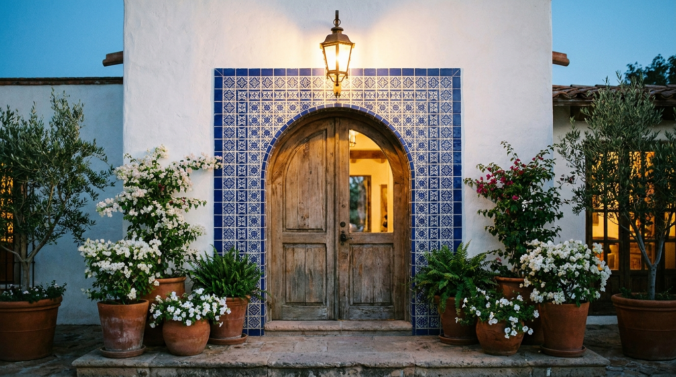 An arched hacienda doorway framed in cobalt talavera tile at dusk