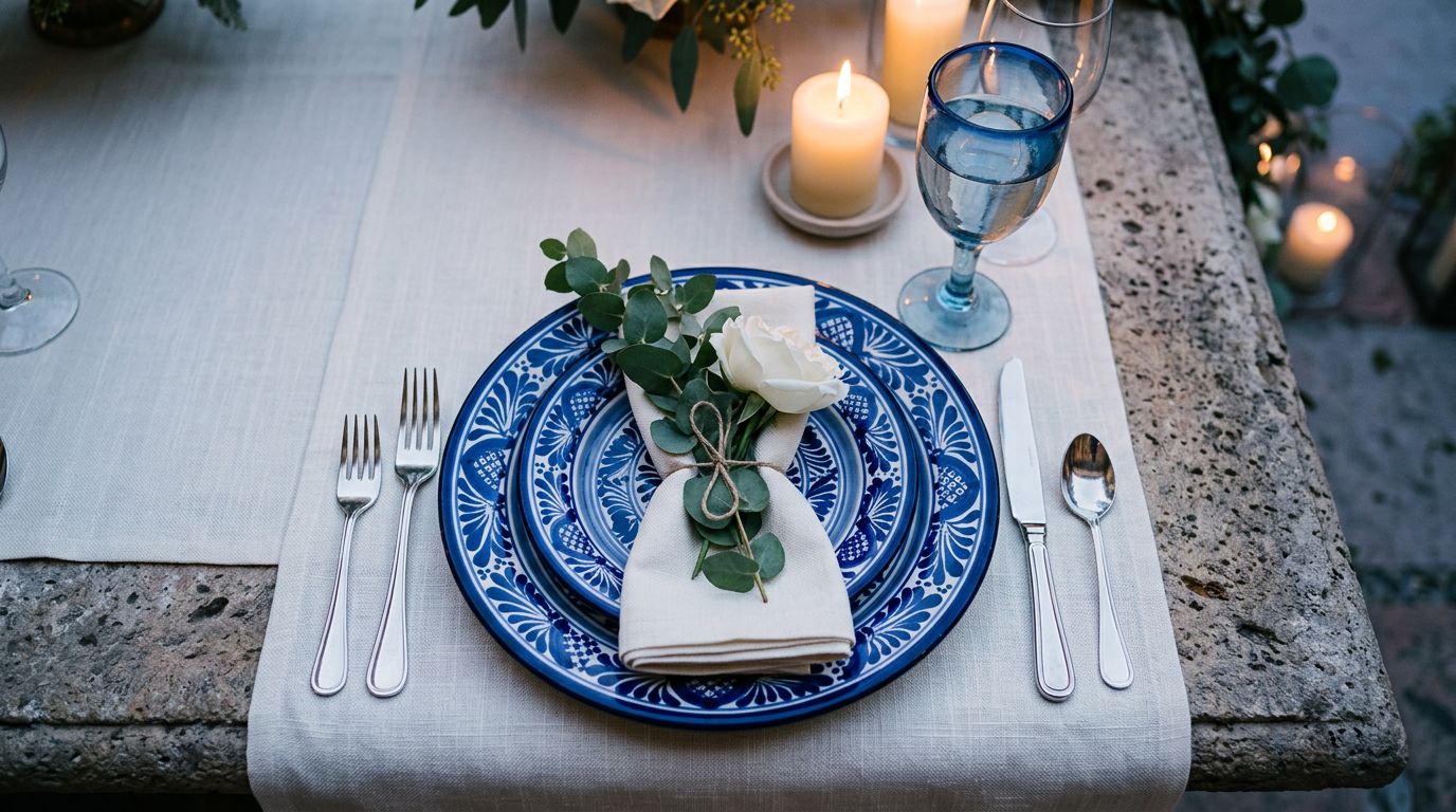 A talavera place setting on ivory linen at a hacienda reception