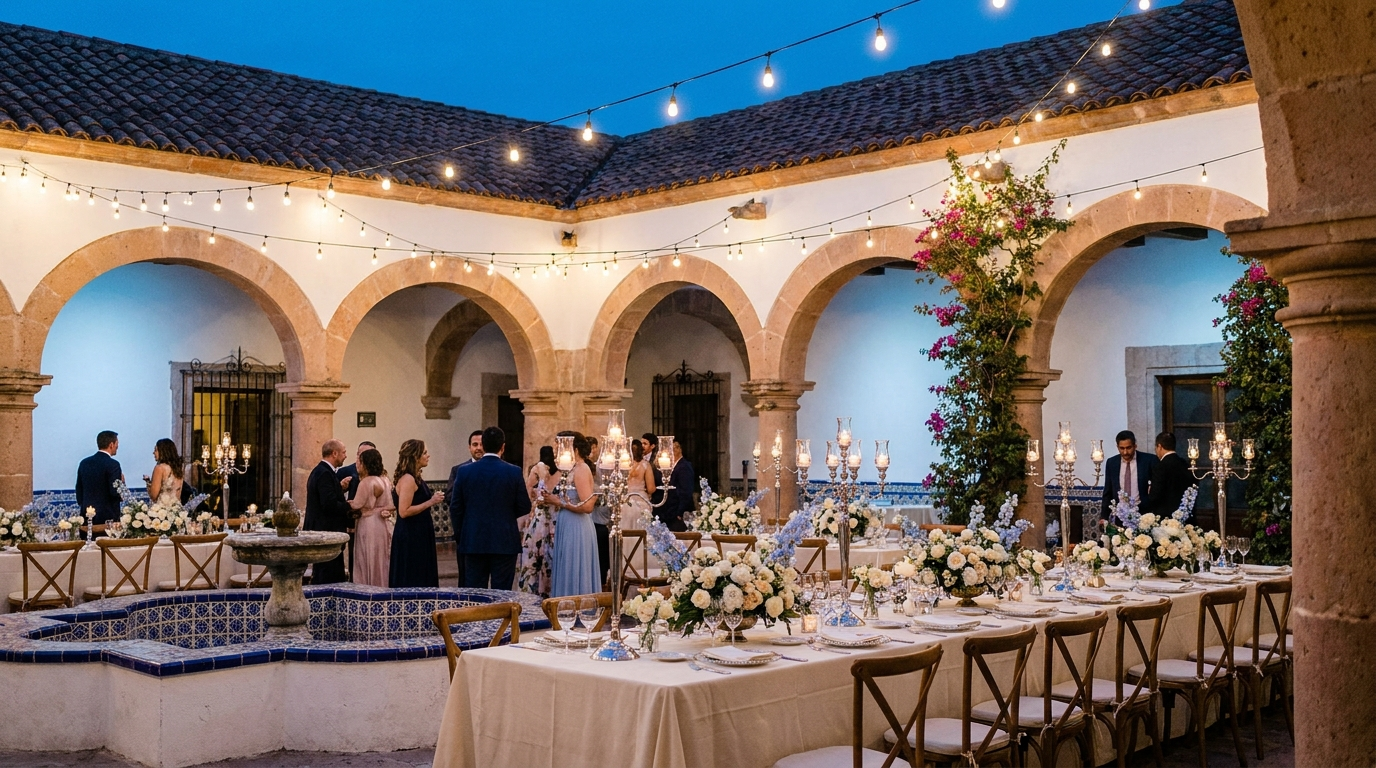 A hacienda courtyard reception at blue hour, string lights above a long banquet table