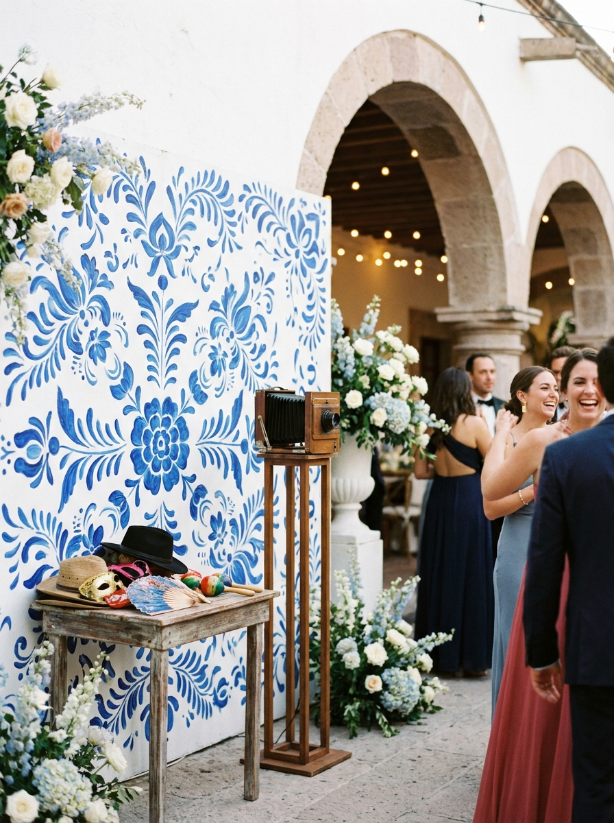 Guests laughing in an open-air photo booth