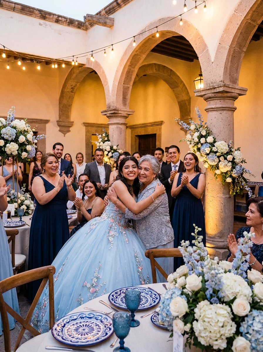 A quinceanera laughing with her family in a hacienda courtyard