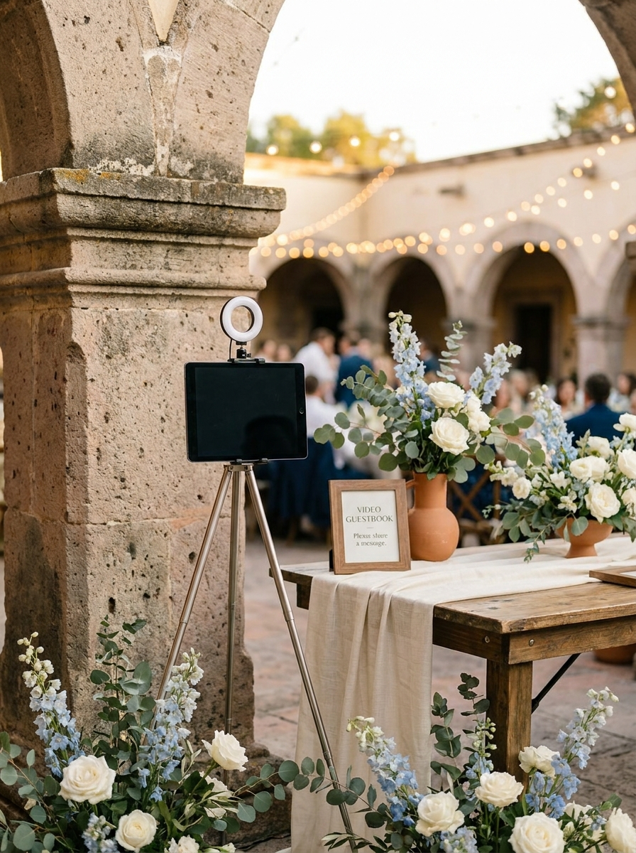 Modern video guestbook booth on a tripod with a ring light
