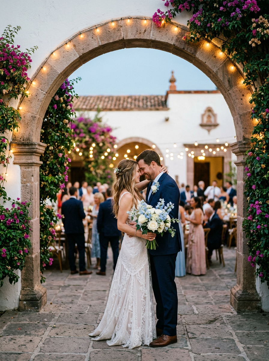 A newlywed couple laughing together at their reception